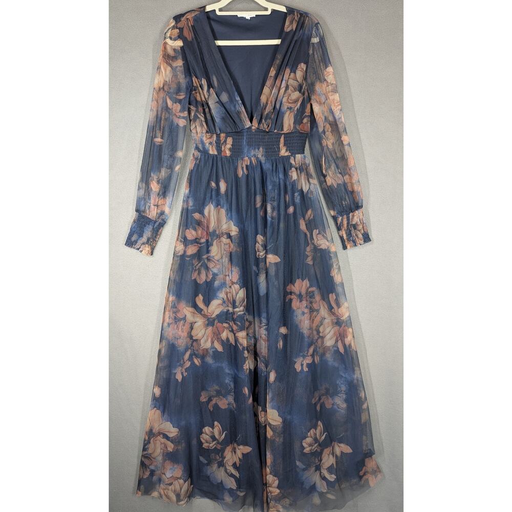 Baltic Born Layla Tulle Maxi Dress In Dark Blue Floral Size Medium Semi Sheer - Picture 4 of 10